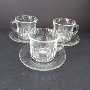 Vintage Fortecrisa Clear Glass Ribbed 8 Oz Coffee Cups & 5 1/4" Saucers Set of 3